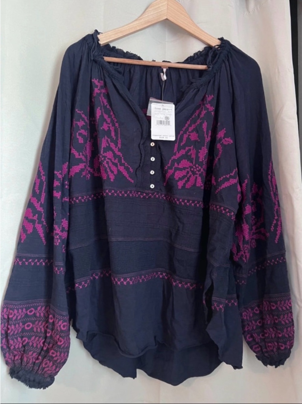 Free People Navy Peasant Blouse with Magenta Embroidery